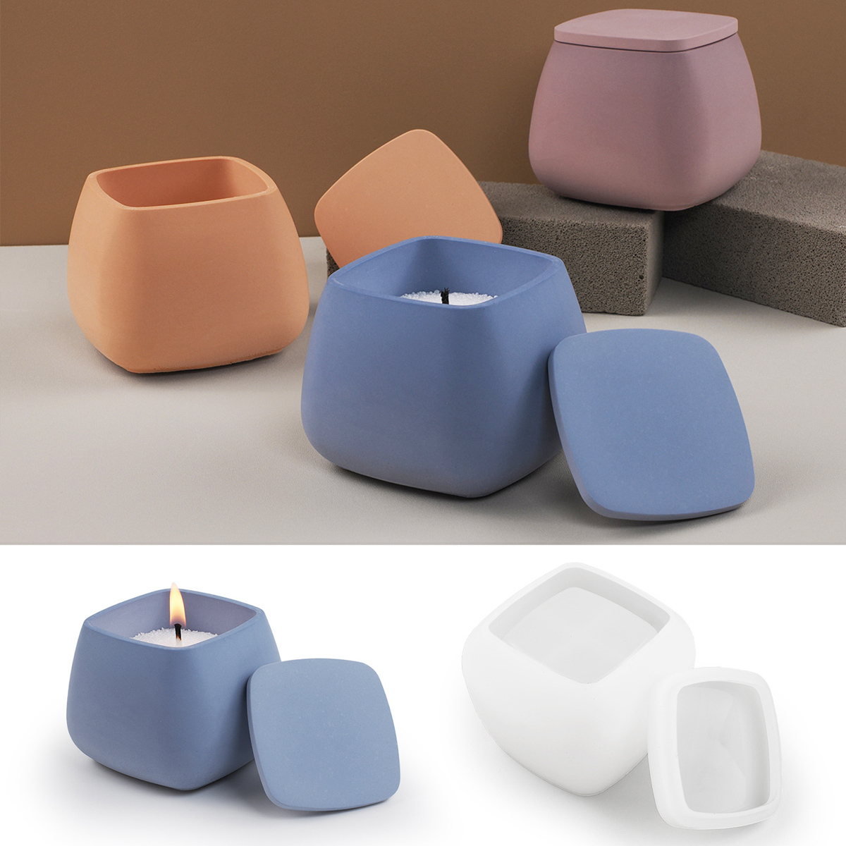 Candle Making Jars With Lids - 正方形のキャンドルジャーシリコーン型 DIY 蓋付きジュエリー収納ボックスクラフト作り石膏エポキシ樹脂花瓶鋳型家の装飾