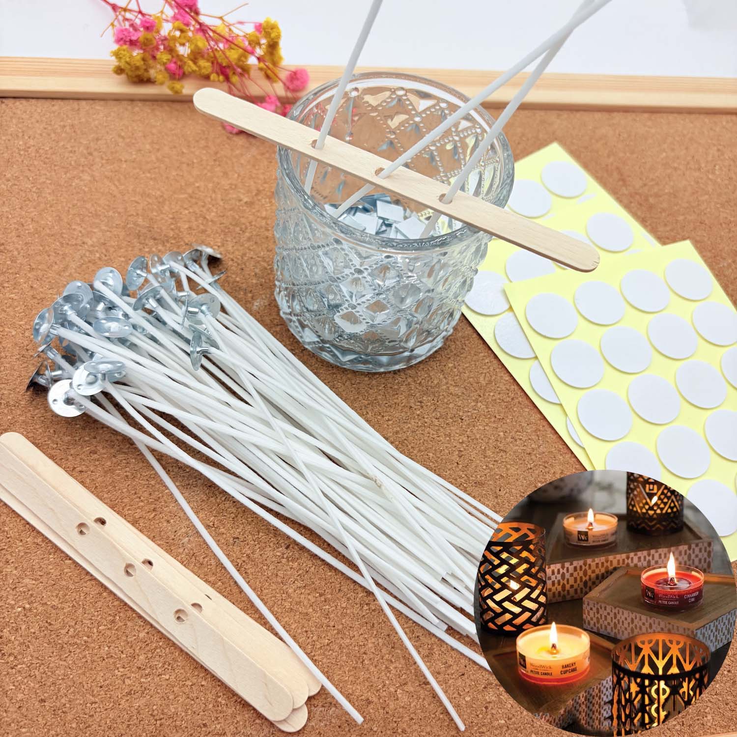 Candle Making Kits - 1セットのキャンドル作りDIYキット、無煙キャンドル、綿芯、金属製サステナータブ付きワックスコート芯、キャンドルDIY作成用木製ホルダー