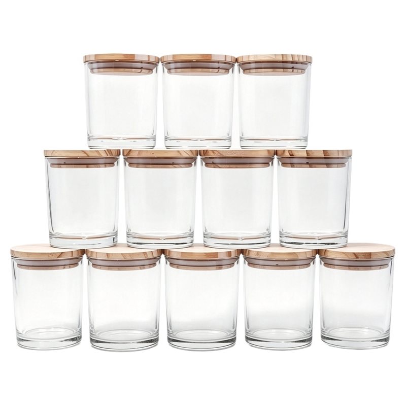 Candle Making Jars With Lids - ABRU製 キャンドル用ジャー 12個入り - 厚手で空の7オンス容器。木製の蓋付き。キャンドル作りや、透明なサンプルの保管に最適。