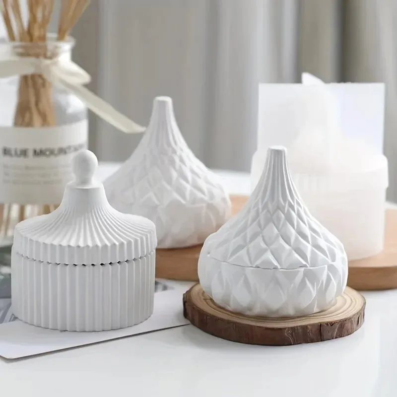 Candle Making Jars With Lids - 2個入りシリコンキャンドルジャー型 蓋付き 丸型ストライプ ジュエリーボックス収納用 コンクリート石膏型製作