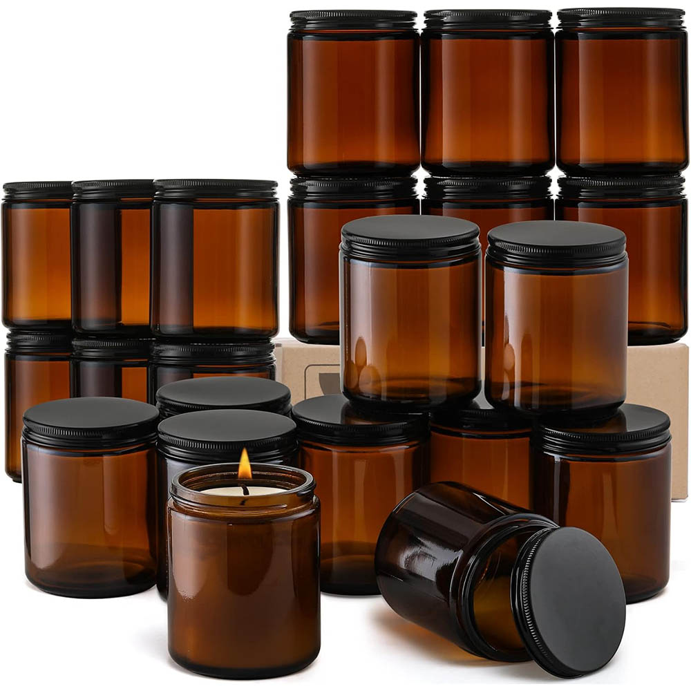 8オンスの琥珀色ガラス瓶（黒蓋付き）- キャンドル作り、食品 - Candle Making Jars With Lids のレビューと価格