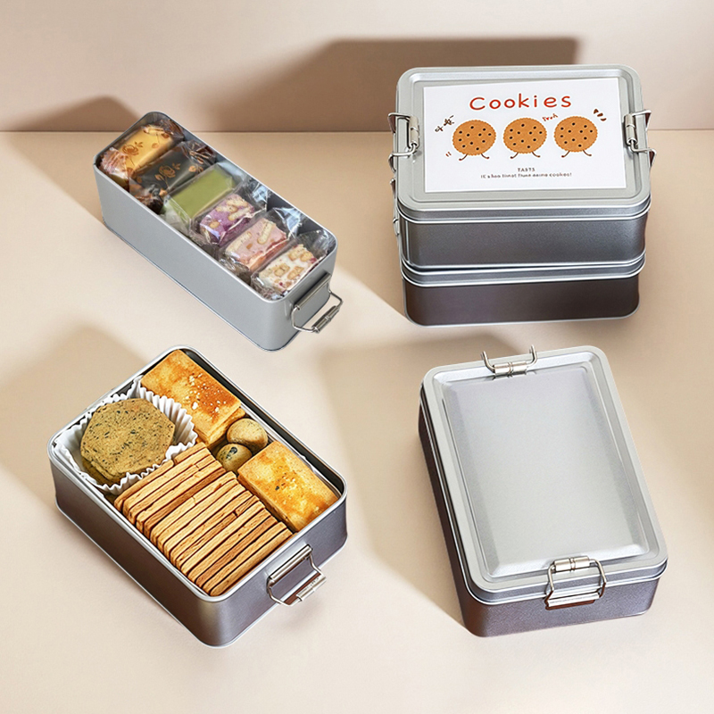 長方形のブリキ製クッキー缶。蓋付きで、防塵性があり、家庭用、 - Tin Container Lid のレビューと価格